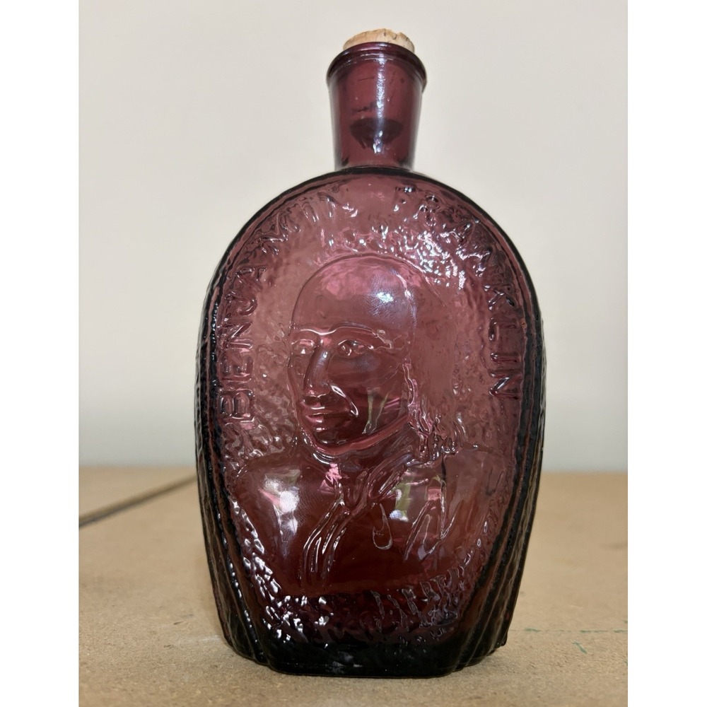 Purple Glass Embossed Flask Bottle w/ Cork, Benjamin Franklin